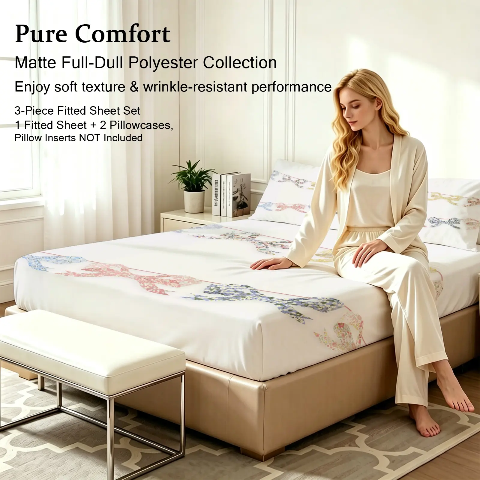 3pcs Fitted sheet Watercolor Floral Printed Bedding Set, Floral Sheets Soft Wrinkle-resistant Fade-proof Breathable Matte Full-Dull Polyester Fitted Sheet Kit with 2 Pillowcases, Ideal for Bedroom Hotel Home, Fit Twin Full Queen King Size