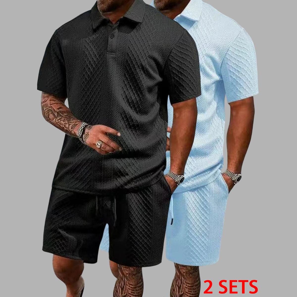 Men's summer casual texture fabric solid color polo shirt T-shirt shorts 2-piece set, loose fit suitable for casual sports, breathable and cool, essential summer outfit, comfortable and versatile  Menswear Plain