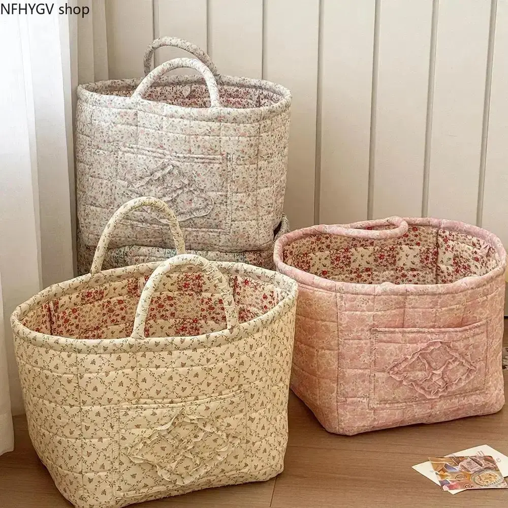 Vintage Floral Cotton Collapsible Storage Basket With Portable Handles, 32x26x25cm Decorative Foldable Organizer Bin Dual Purpose For Household Interior And Car Daily Sundry Storage