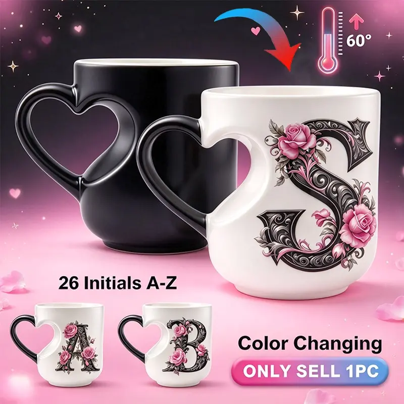 Magical Color Changing Mug Initial A-Z Rose Ceramic Cup, Funny Coffee Mug & Tea Mug with Heart Handle. Gifts for friends, Valentine's Day gifts for female friends, gifts for sisters, Birthday Gifts, Christmas Gift.