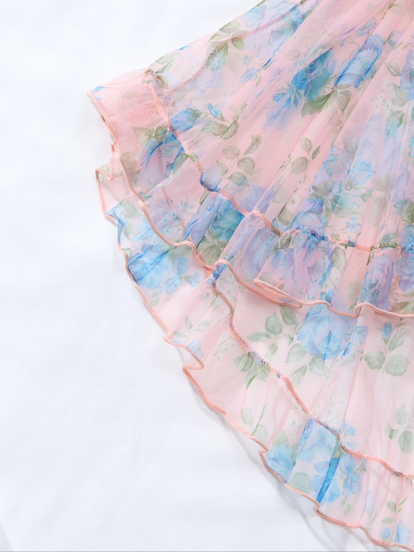 Plus Size Ditsy Floral Print Cut Out Frill Sheer High Low Ruffle Hem Sexy Adjustable Cami Mesh Dress, Romantic Fashion Casual Sexy Outfits for Daily Outdoor Wear, Women's Plus Size Clothes for All Seasons