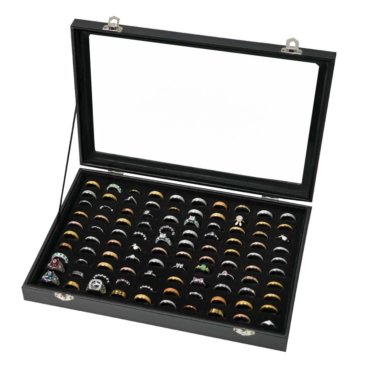 100 Slots Ring Display Case with Transparent Lid Ring Storage Box Rings Holder Case For Store Display Home Jewelry Display Rings Organizer Earring Holder Display Tray