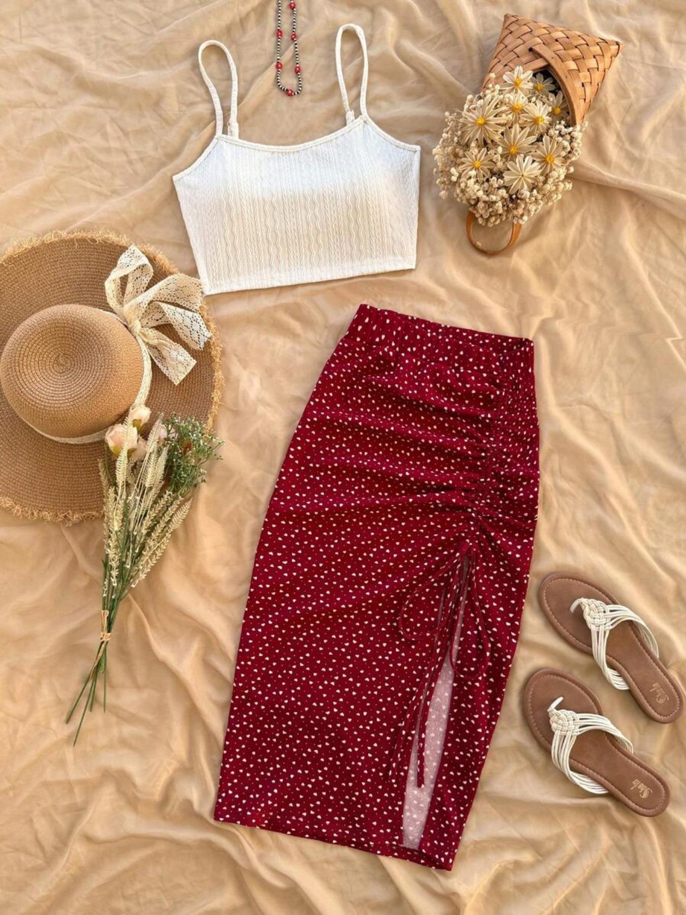 Women's Solid Color Crop Cami Top & All Over Heart Print Skirt Two-piece Set, Boho Sleeveless Spaghetti Strap Top & Skirt, Casual Summer Clothes for Ladies, Womenswear, Bohemian Casual Outfits Women Matching Sets