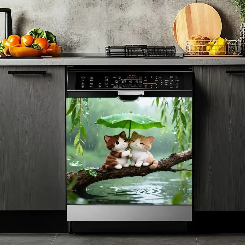 2D Flat 2Pcs Cute Kitten Umbrella Dishwasher Cover Sticker, Waterproof Magnetic Decorative Appliance Decal, Removable PVC Kitchen Decor for Refrigerator Washing Machine, Rainy Day Design Laundry Room Home, No