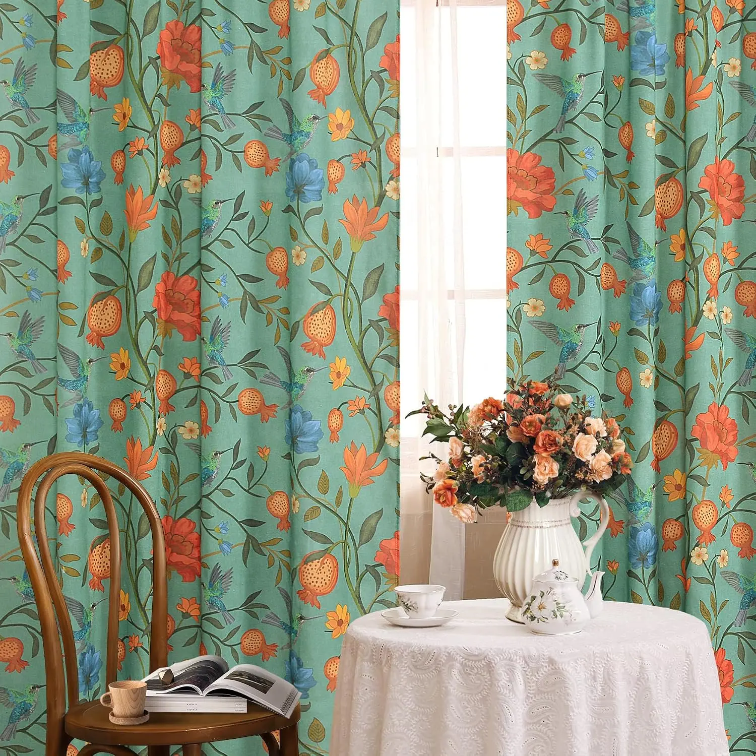 Green Boho Floral Curtains Whimsical Semi Sheer Botanical Bird Block Print Cottagecore Tropical Pattern Window Drapes for Bedroom Living Room 2 Panels 84 Inches Long