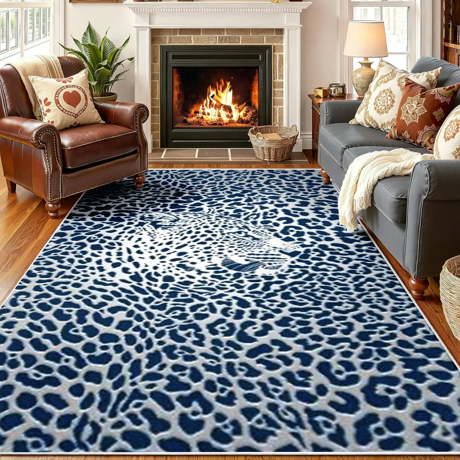 Modern Leopard Print Area Rug 8x10ft Non-Slip Machine Washable Soft Carpet for Living Room Aesthetic Room Decor