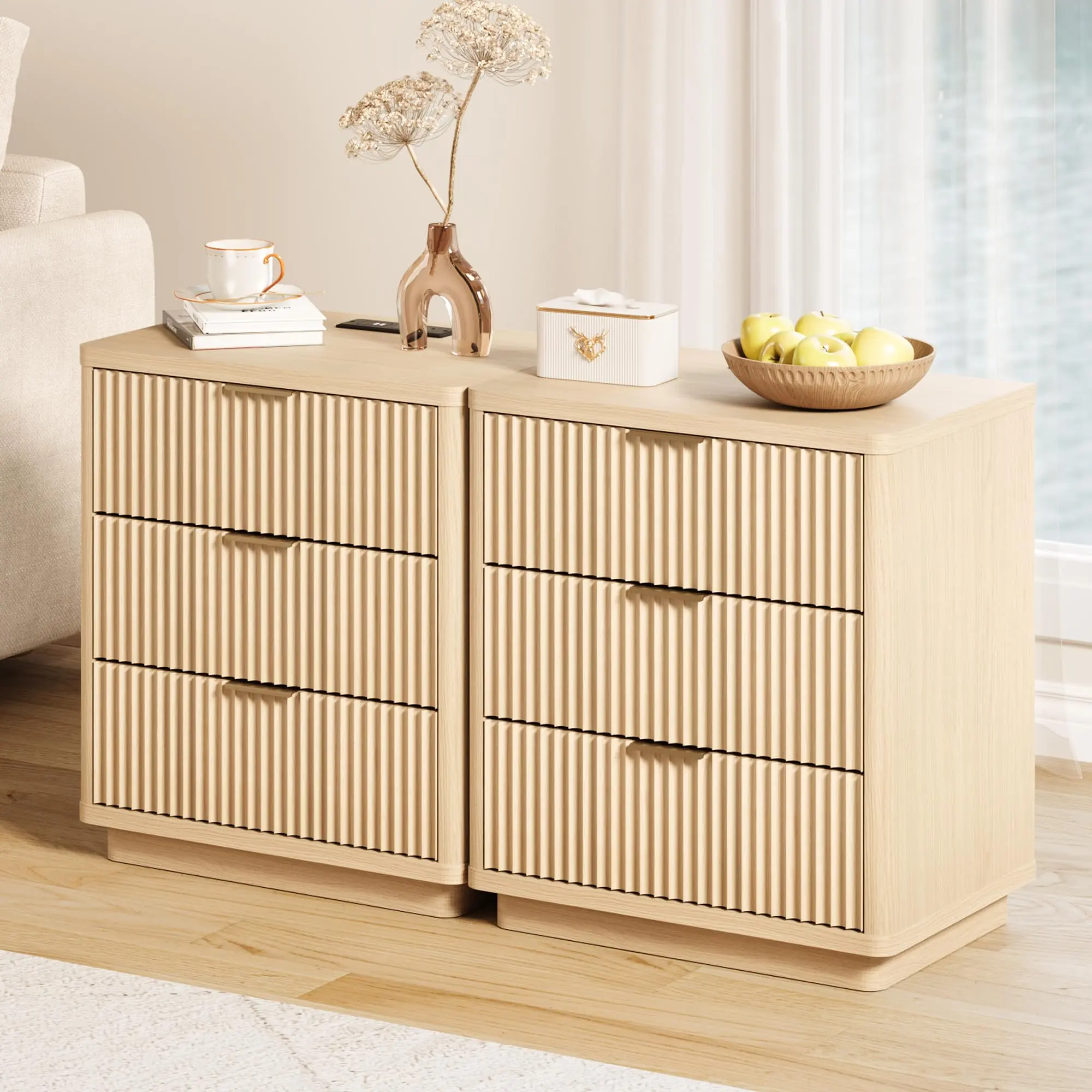 2PCS Nightstand Set with 3 Drawers, Nightstand Fluted Bedside Table with Outlet, Light Wood Night Stand with Storage, Modern End Table with Metal Handle for Bedroom and Living Room, Space Saving