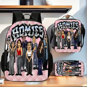 Chicano-style street girl group's pure pink three-piece school bag set, including a backpack, insulated lunch bag, and pencil case, suitable for teenagers' daily school use