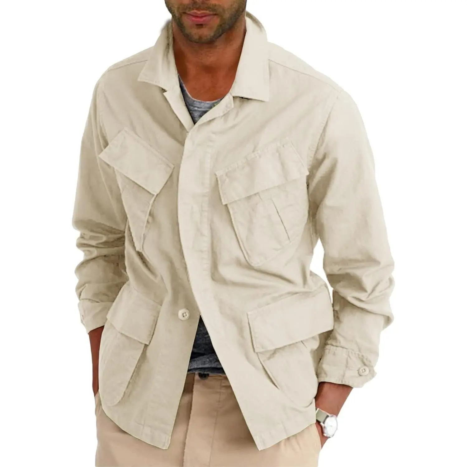 Men's Cotton Safari Coat, Lightweight Military Cargo Jacket with Pockets for Outdoor Sports, Travel, and Office Wear, School, Tops, Natural, Uniforms
