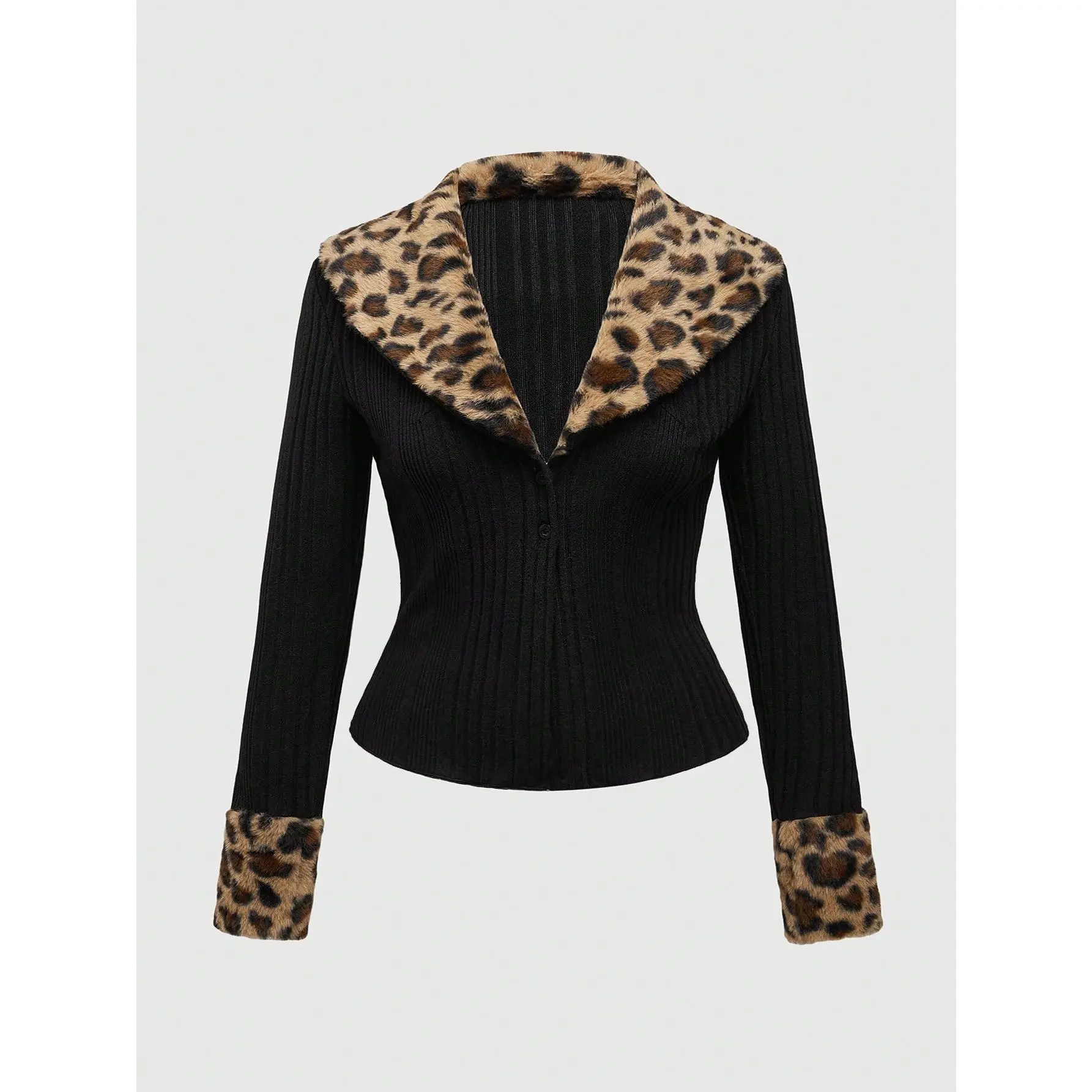 Luxury Leopard Black Plus Size Y2K Gyaru Harajuku Style Leopard Print Distressed Open Front Fitted Cardigan For Women Fall