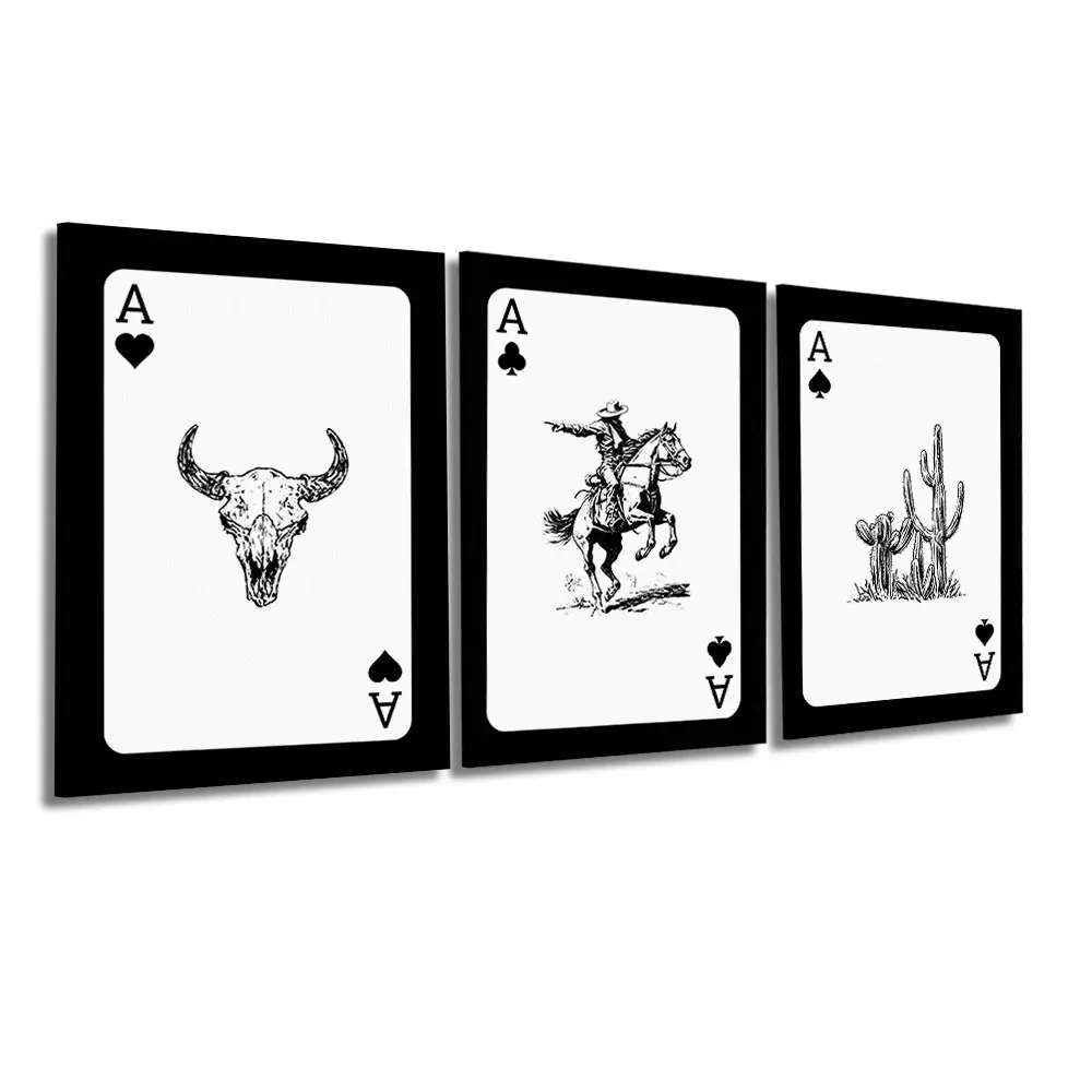 3 Pcs/Set Wooden-Framed Canvas Painting, Black Border Playing Card Ace Western Cowboy Bull Skull Cactus Line Drawing Three Panel Canvas Wall Art Living Room Bar Entryway Apartment, Modern Home Decor, Fashion Artistic Ornaments, Artwork