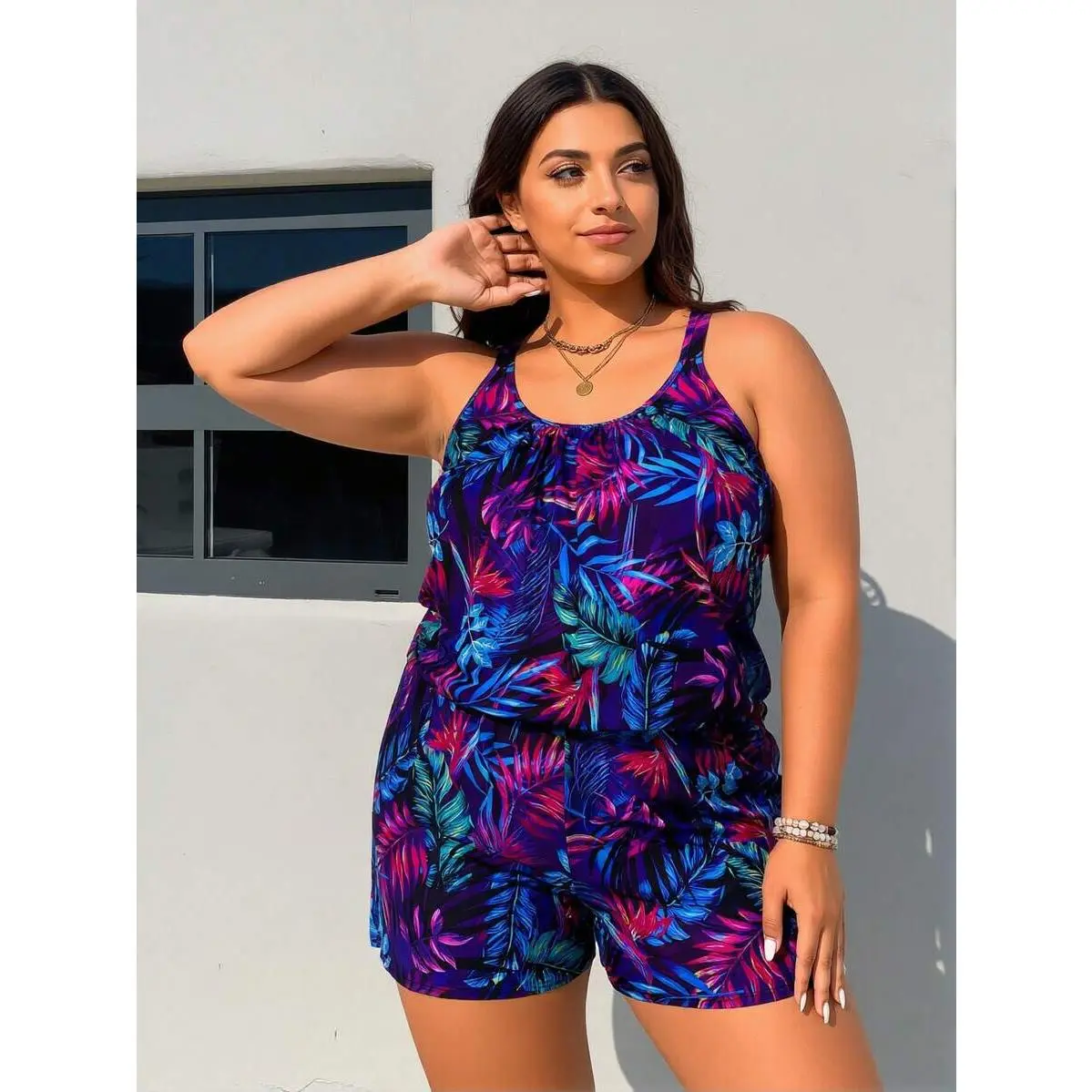 Tropical Leaf Print Romper - Sleeveless Racerback Romper With Pleated Front And Side Pockets For Beach Vacation Pool Party Summer Holiday Honeymoon Resort Wear Casual Outing Bathing Suit Cover Up