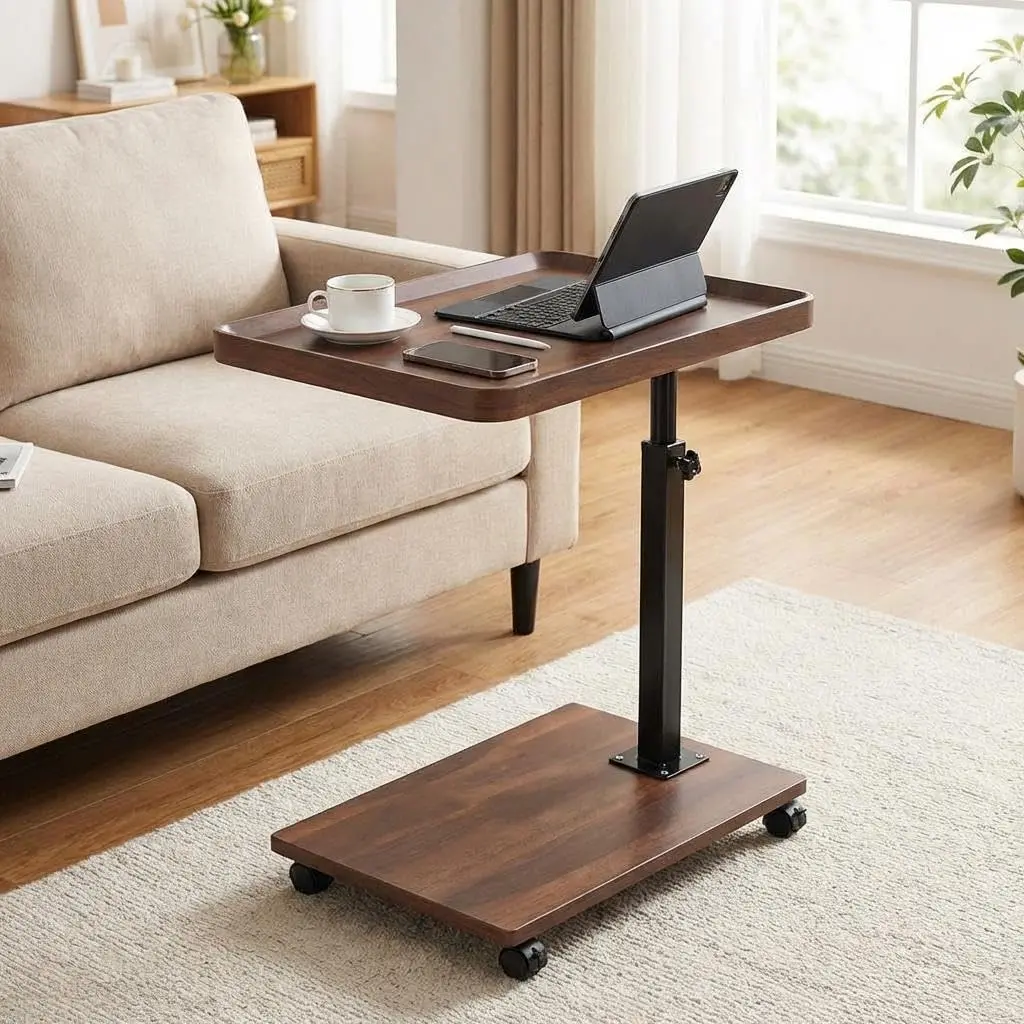 Adjustable Height C-Shaped Rolling End Table - Rolling Desk Living Room Furniture, 360° Swivel TV Tray Table, Lockable Wheels, Sturdy Metal Frame, Waterproof Mark-Resistant Shelves for Sofa, Bed