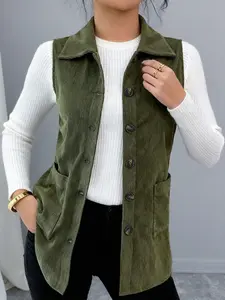 Modest Women's Solid Color Corduroy Notch Lapel Vest, Single Row Button Pocket Design, Vintage Casual Versatile, Daily Commute Preferred