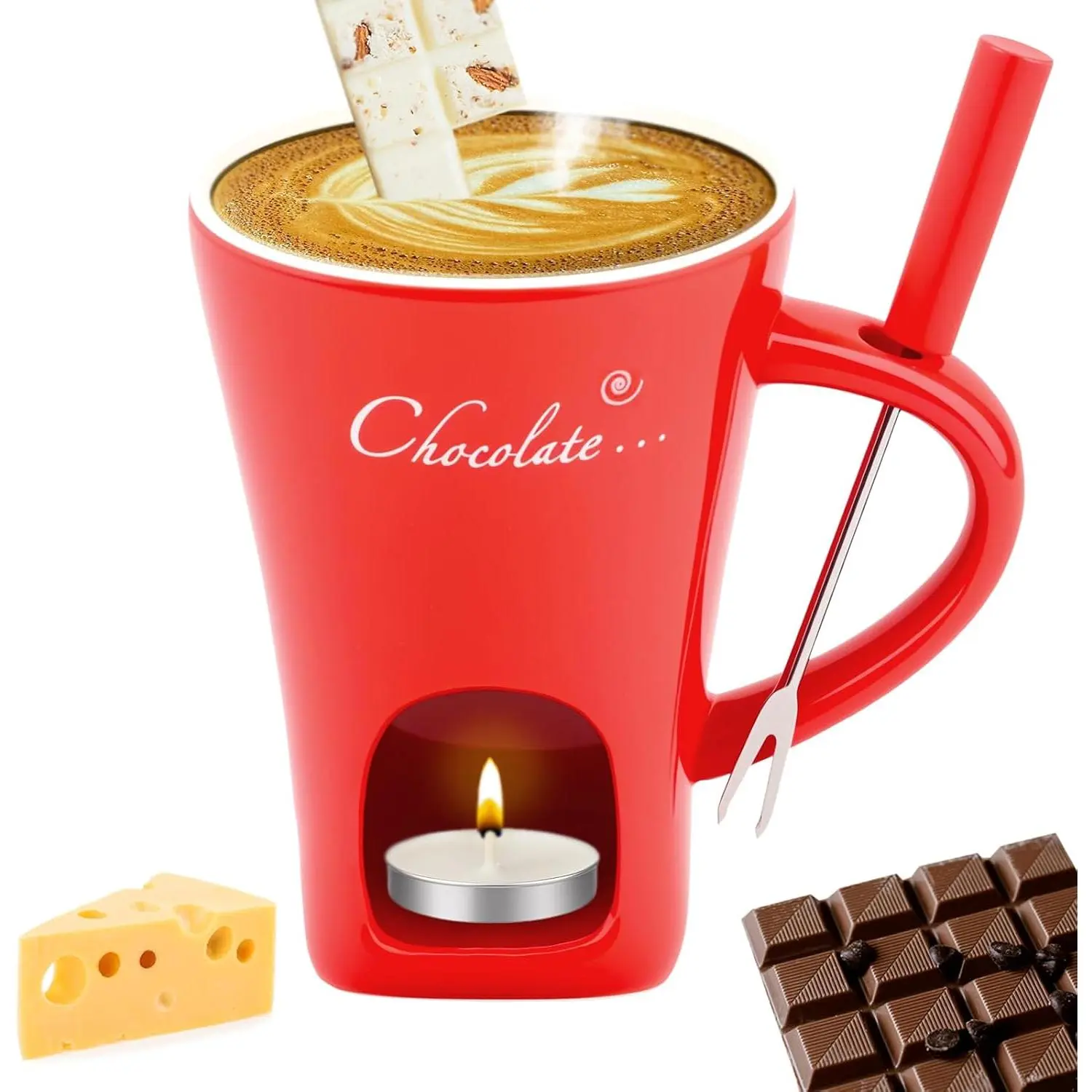 Fondue Mug with Forks  Melting Cup Ceramic Mini Tealight Pot for Coffee Cheese Candy Warmer Camping Date Movie Night Birthday Wedding Desserts (Red)
