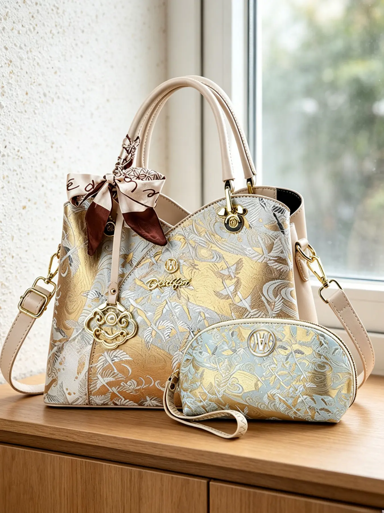 Embroidered women's handbags from high-end designer brands, 2-piece women's Tote Bag Set, ladies' bags, women's crossbody and shoulder bags. Printed patterns are cut randomly, matched with randomly printed silk scarves, Elegant bag