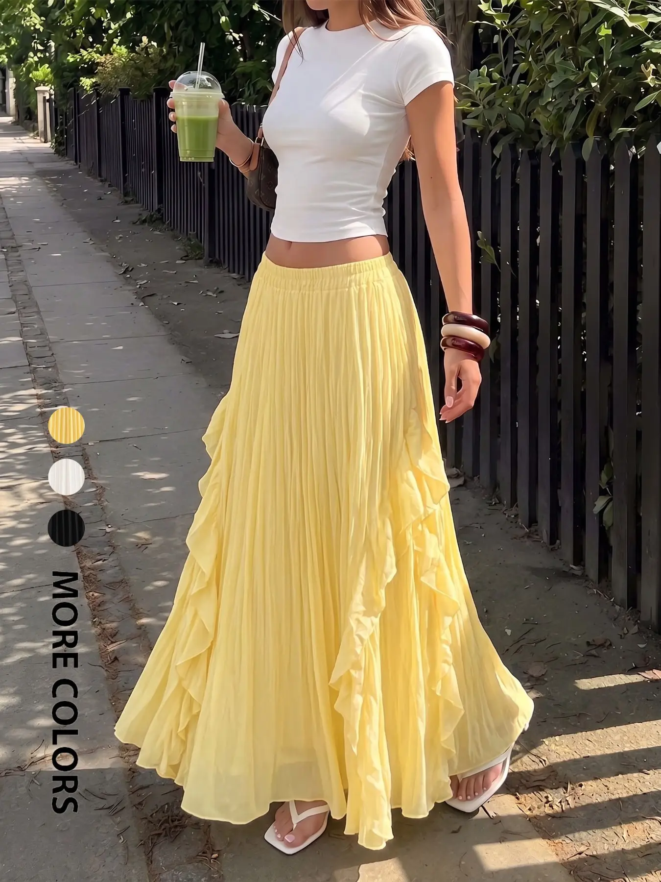 Women Pleated Maxi Skirt, Cascading Waterfall Ruffle, Elastic High Waist, Flowy Chiffon, Casual Skirt for Everyday Wear