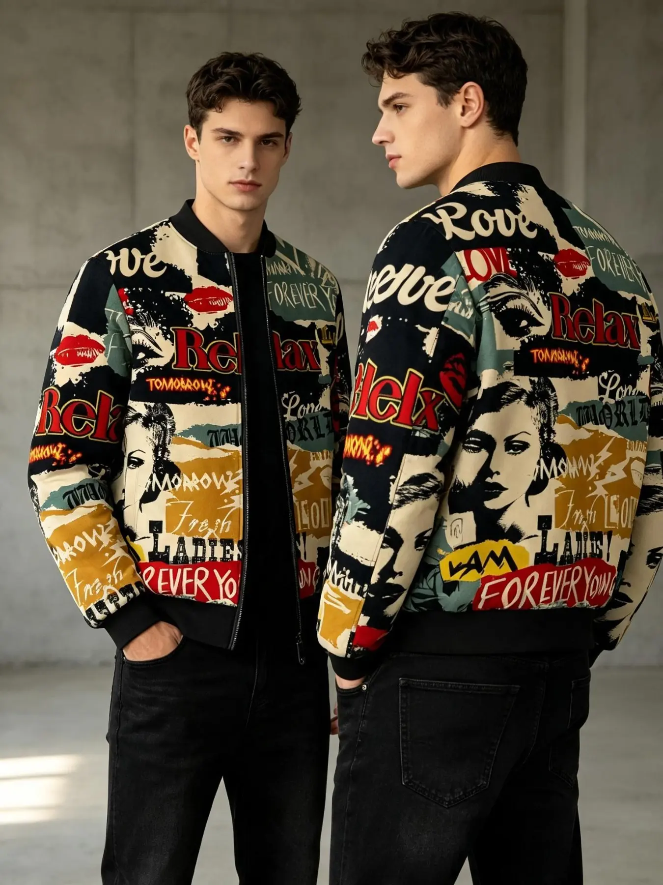 Men's Vintage Patchwork Print Flight Jacket, Ribbed Zipper Baseball Coat, American Magazine Lip Streetwear Outerwear