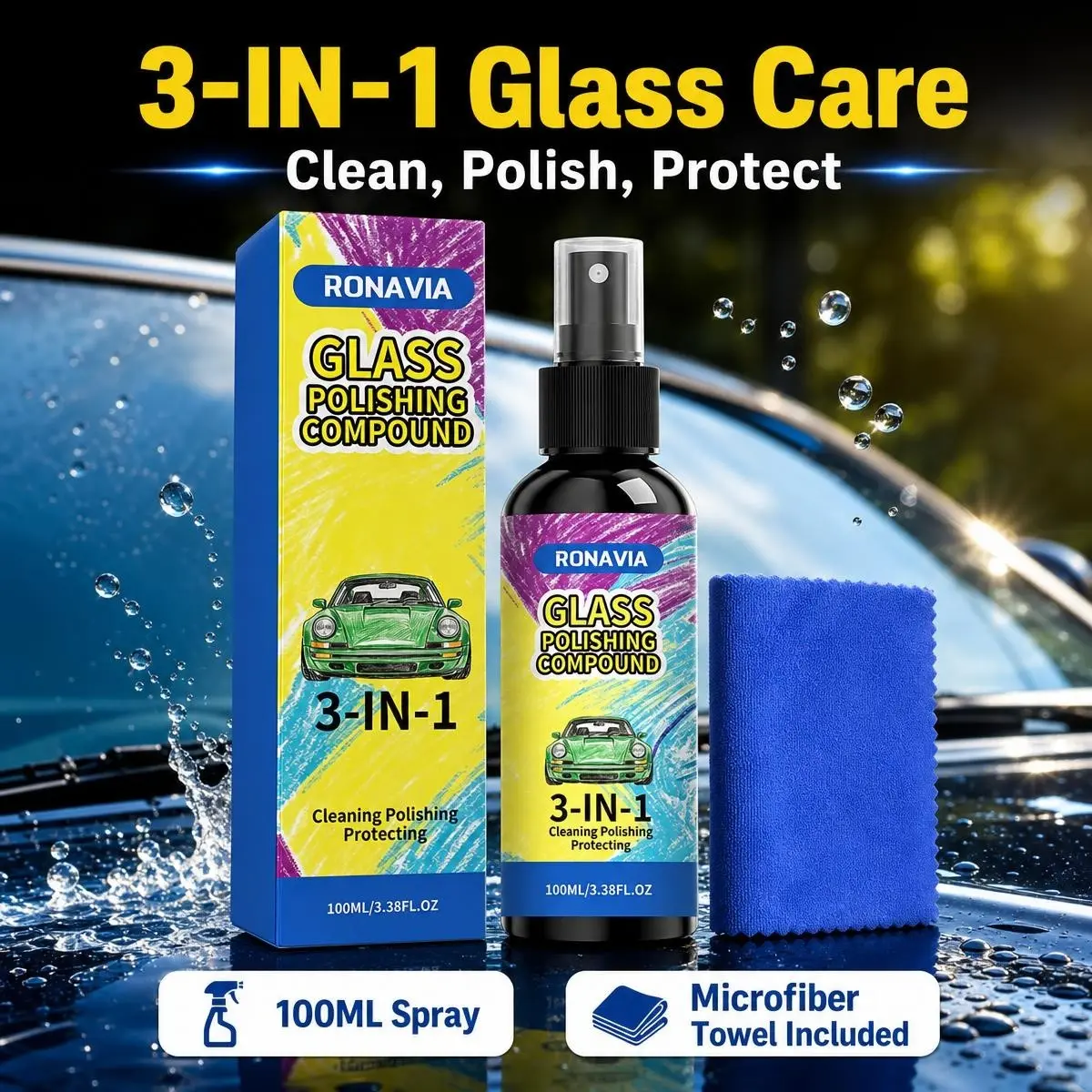 Three-In-One Car Glass Polish Care Spray Set, Front Windshield Window Rearview Mirror Oil Stain Remover, Glass Cleaner Polish Hydrophobic Protector