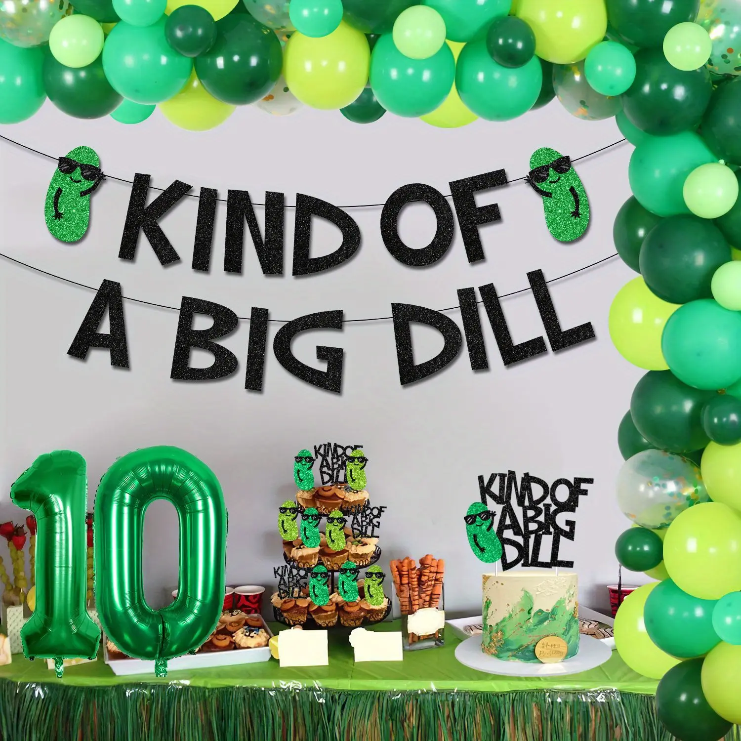 1Set Pickle 10th Birthday Party Decorations Kind of a Big Dill Banner Balloon Arch Kit Pickle Party Cake and Cupcake Toppers for Boys Girls Cucumber Theme 10th Birthday Party Supplies