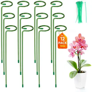 12 Pack Plant Support Stakes with 24 Pcs Plant Clips, Garden Single Stem Support Stake, Plant Cage Support Ring for Indoor Outdoor Flowers Rose Amaryllis Tomatoes Peony Lily Orchid