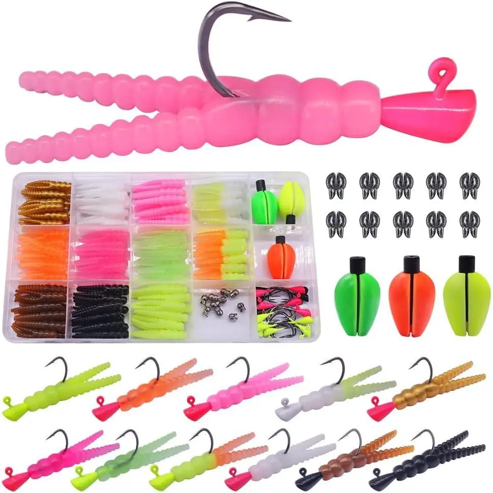 165- Trout Lure Kit for Creek & River Fishing Gear with Split Tail Grub Worms, Shad Dart Jig Heads, Floats & Sinkers - Ideal for Seasonal Trout Crappie & Panfish