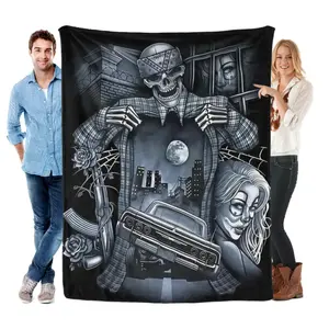 Chicano Skeleton Lowrider Flannel Throw Blanket, Ultra Soft Cozy Fleece for Man Cave Bedroom Sofa, Father's Day Gift for Men, kid, Adults and Children