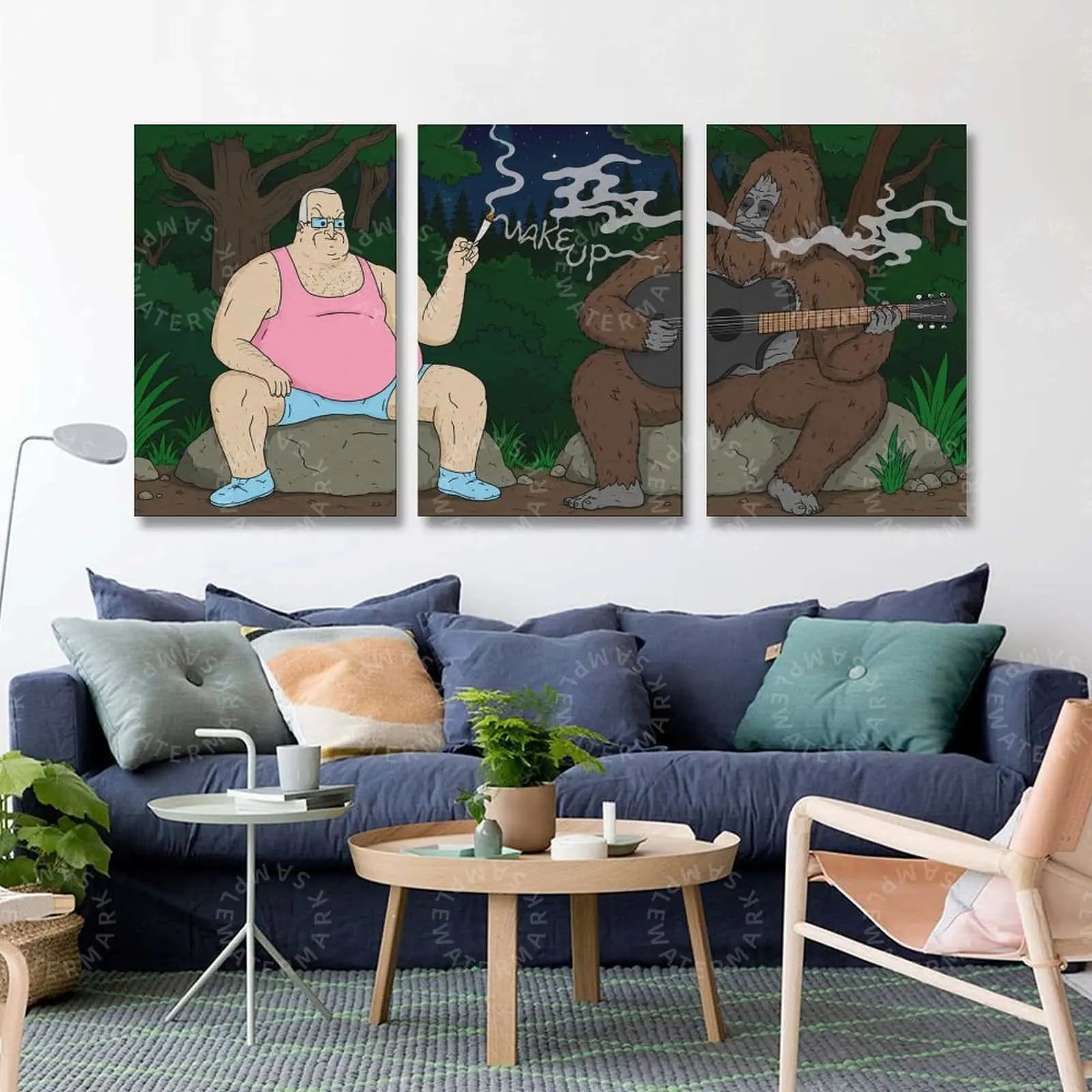 Funny Bigfoot Cartoon Wall Art, Wake Up Forest Triptych Canvas Poster, Humorous Sasquatch Guitar Print, Quirky Aesthetic Wall Decor, Living Room Decor, Bedroom Wall Art, Game Room Decor Gift