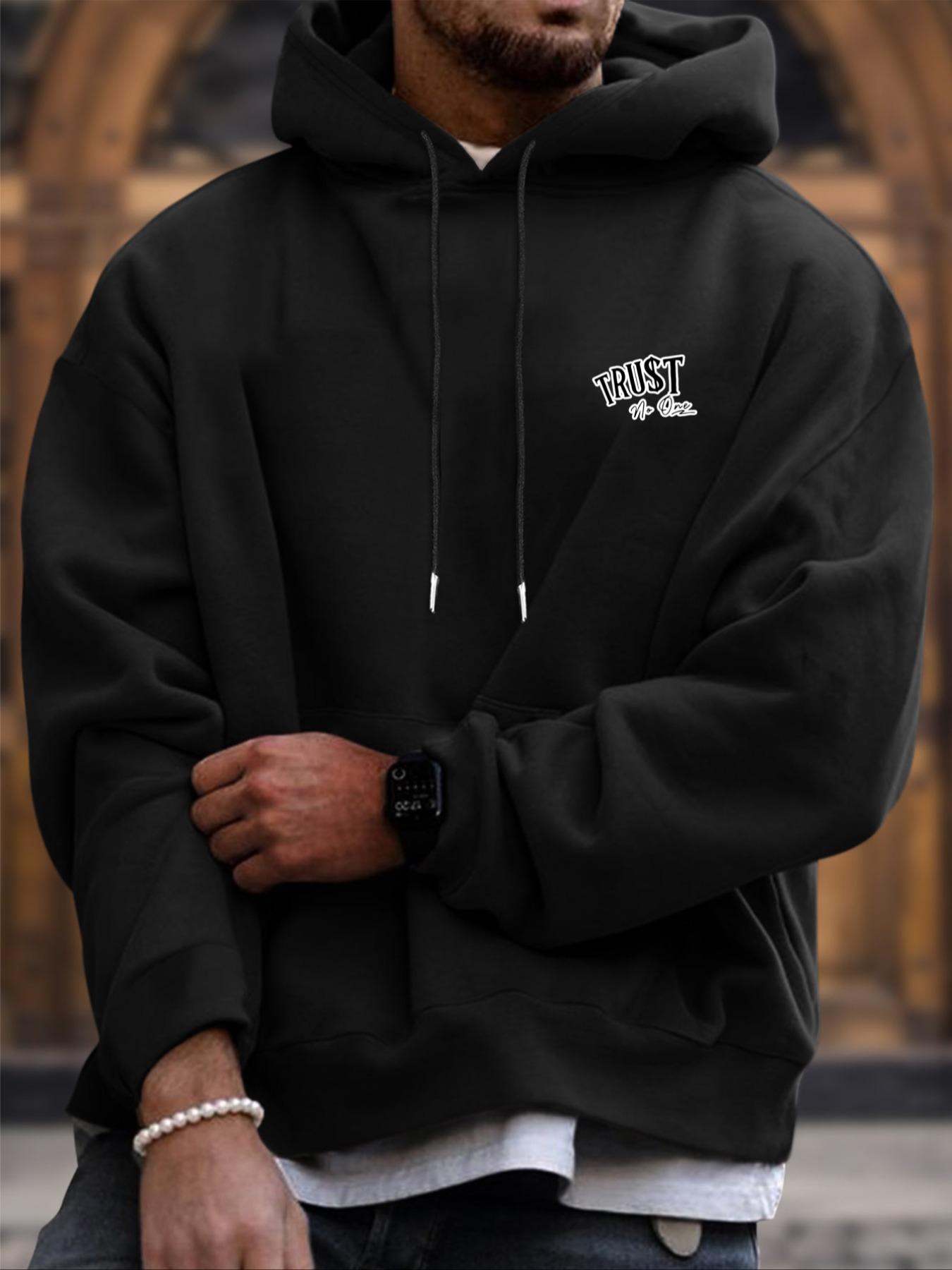 Men's Letter & Hand Print Drop Shoulder Hoodie, Graphic Print Hoodie Fashion Casual Regular Fit Drawstring Pocket Hooded Sweatshirt for Daily Holiday Outdoor Wear, Men Clothes for Fall & Winter