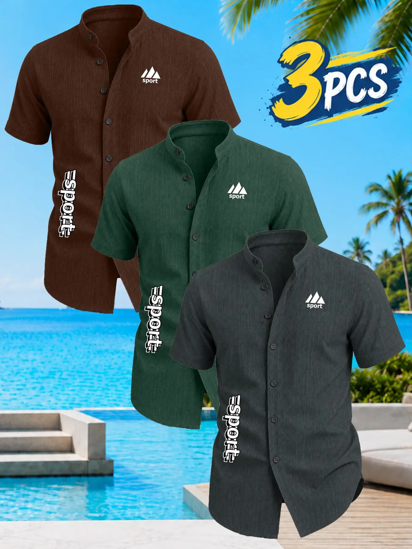 Men’s 3pcs Sport Graphic Short Sleeve Shirt Set, Textured Mandarin Collar, Slim-Fit, Casual & Vacation Wear, Easy-Match Value Pack