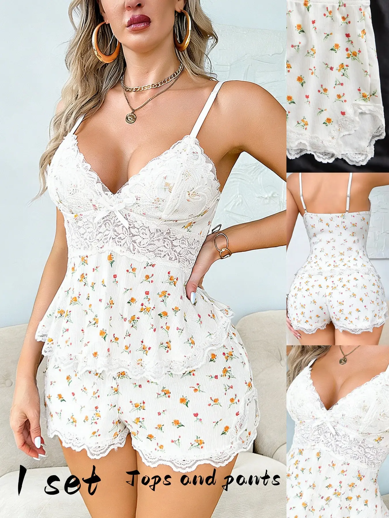 Two-Piece Set Floral Leopard Patterns New Comfortable Lace Trim Tank Top Pajamas Casual Slim Fit Short Pants