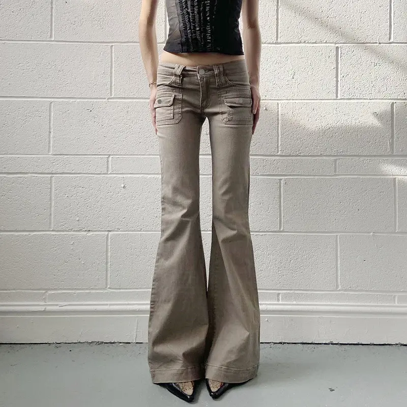 Y2K sexy low-waist slim-fit pocket flared jeans for women, light workwear style, cool and casual denim pants