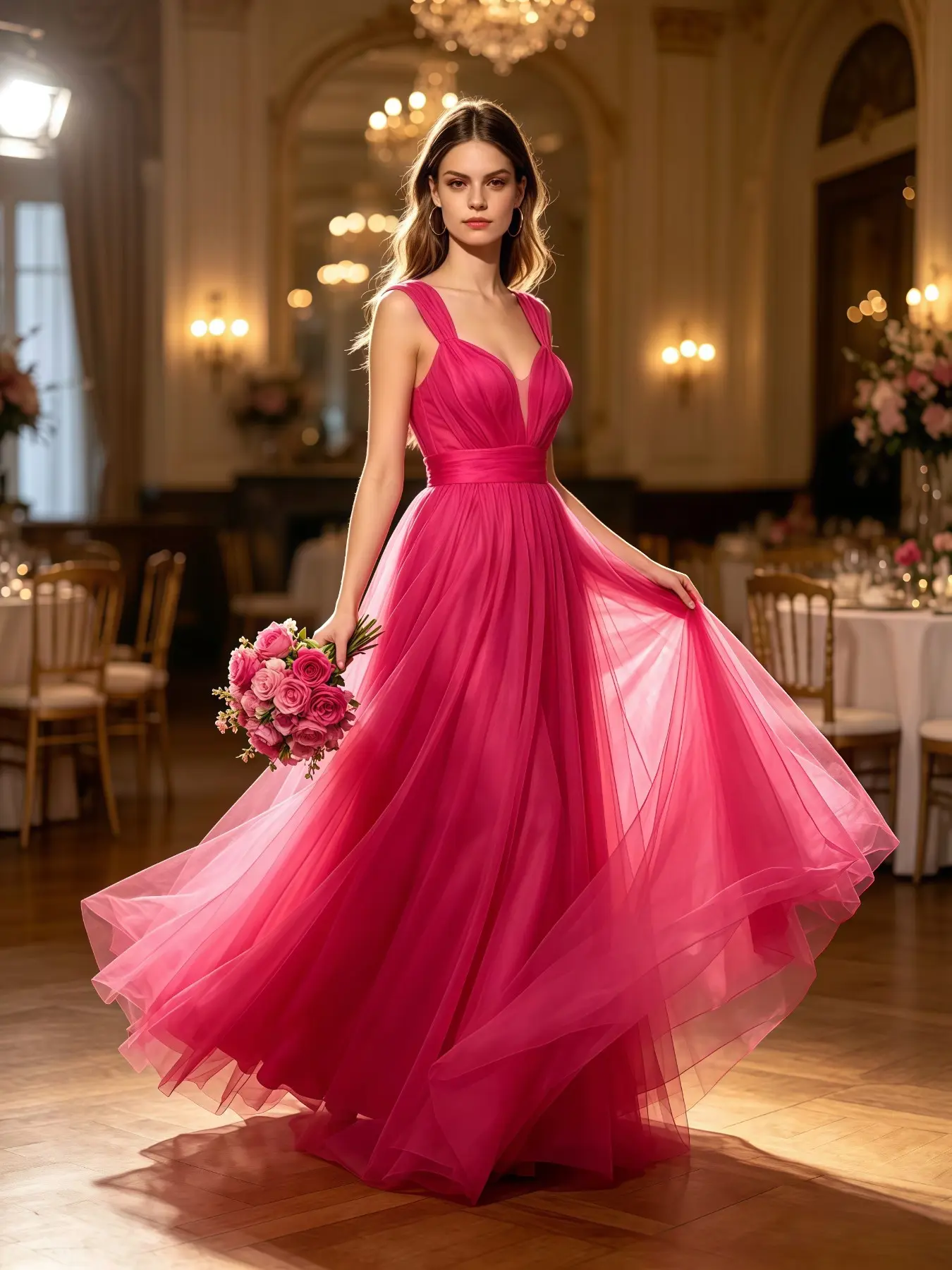 Elegant Long Mesh Gown Dress Women, Perfect for Special Occasions, Flowing Silhouette, Ideal for Weddings & Events, Timeless Elegance