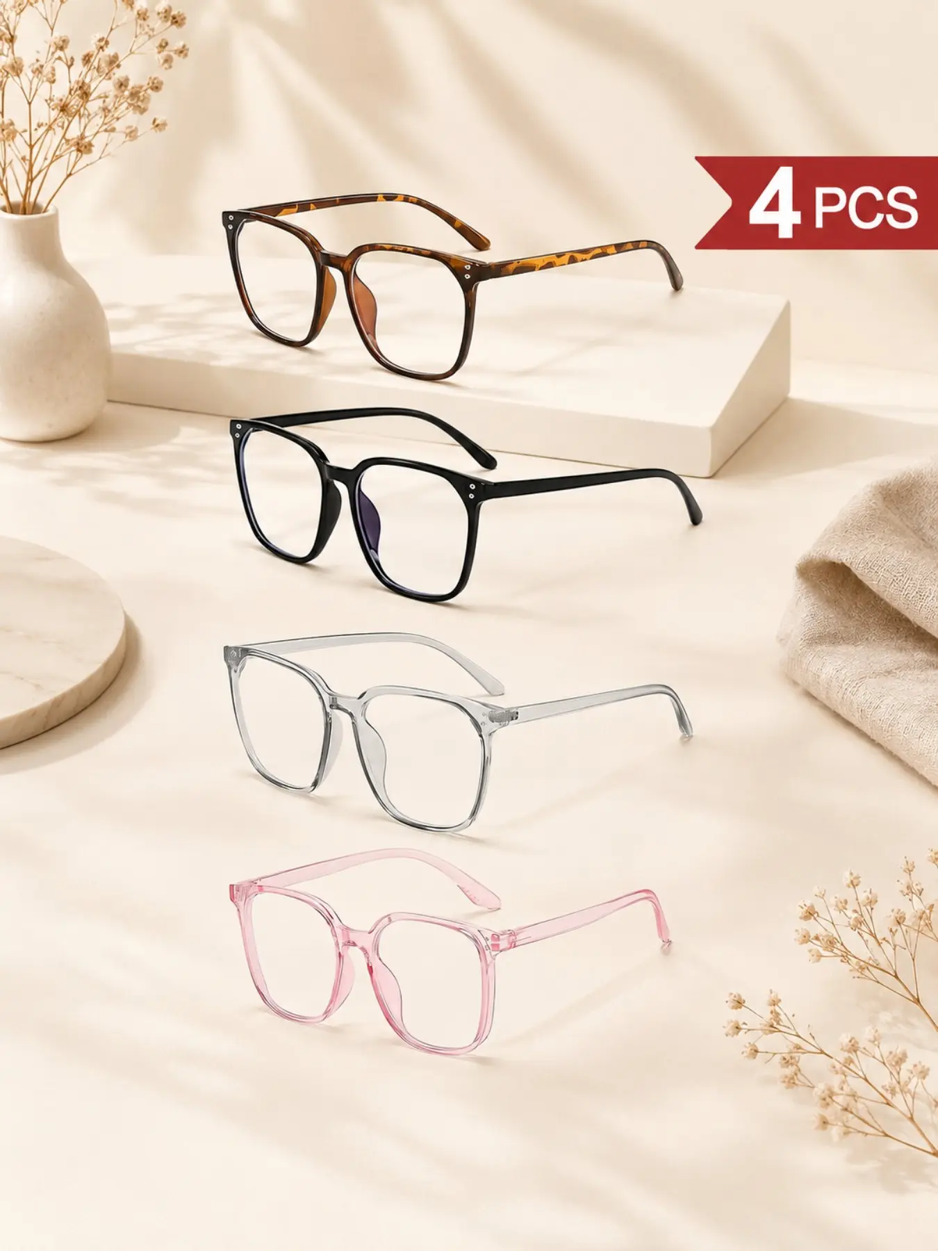 4pcs Blue Light Blocking Glasses for Women, Trendy Frames in 4 Colors, Flattering for Round Faces, Easy No-Makeup Looks
