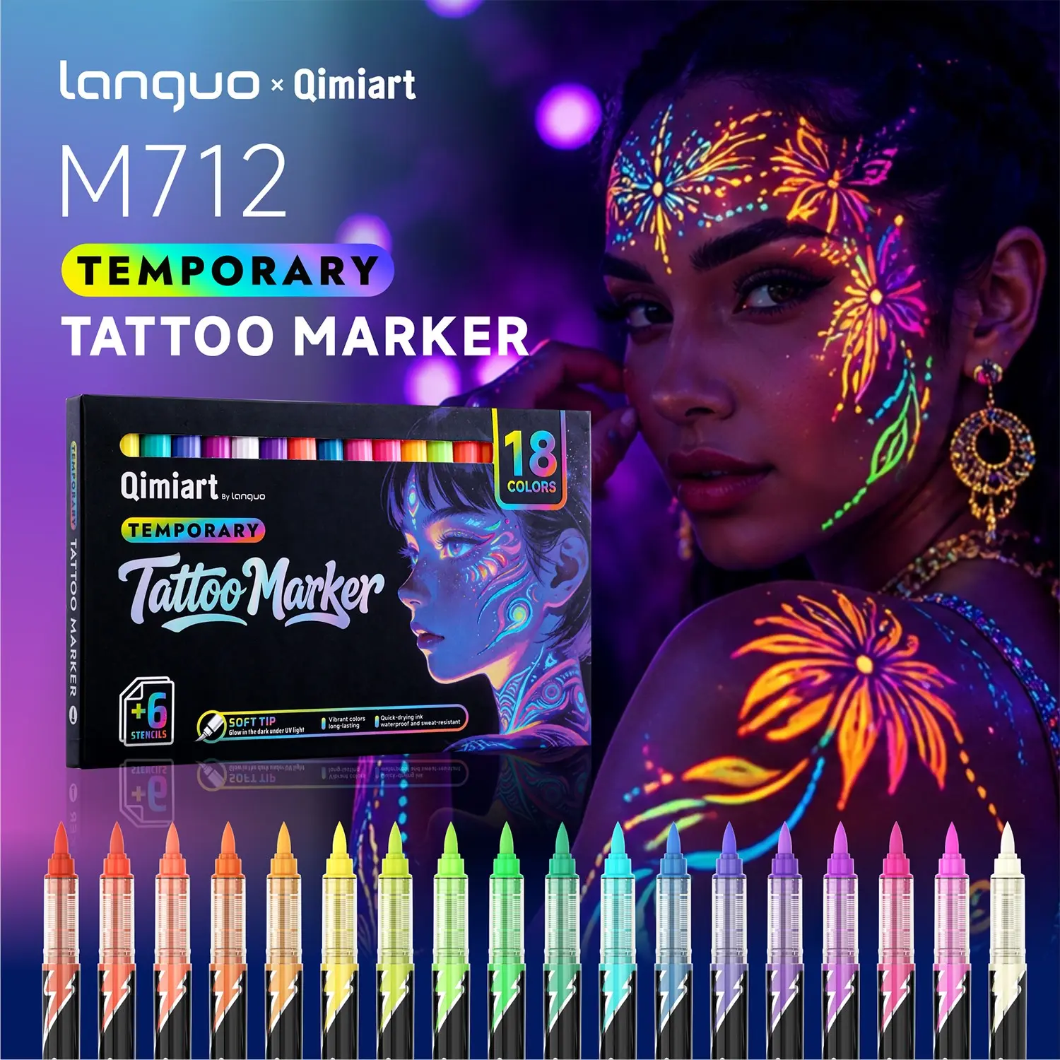 Direct Liquid Soft Tip UV Fluorescent Marker Pens, Self-Luminous Night Glow Pens, Waterproof, Fast-Drying, Bright Colors, Party Art Supplies
