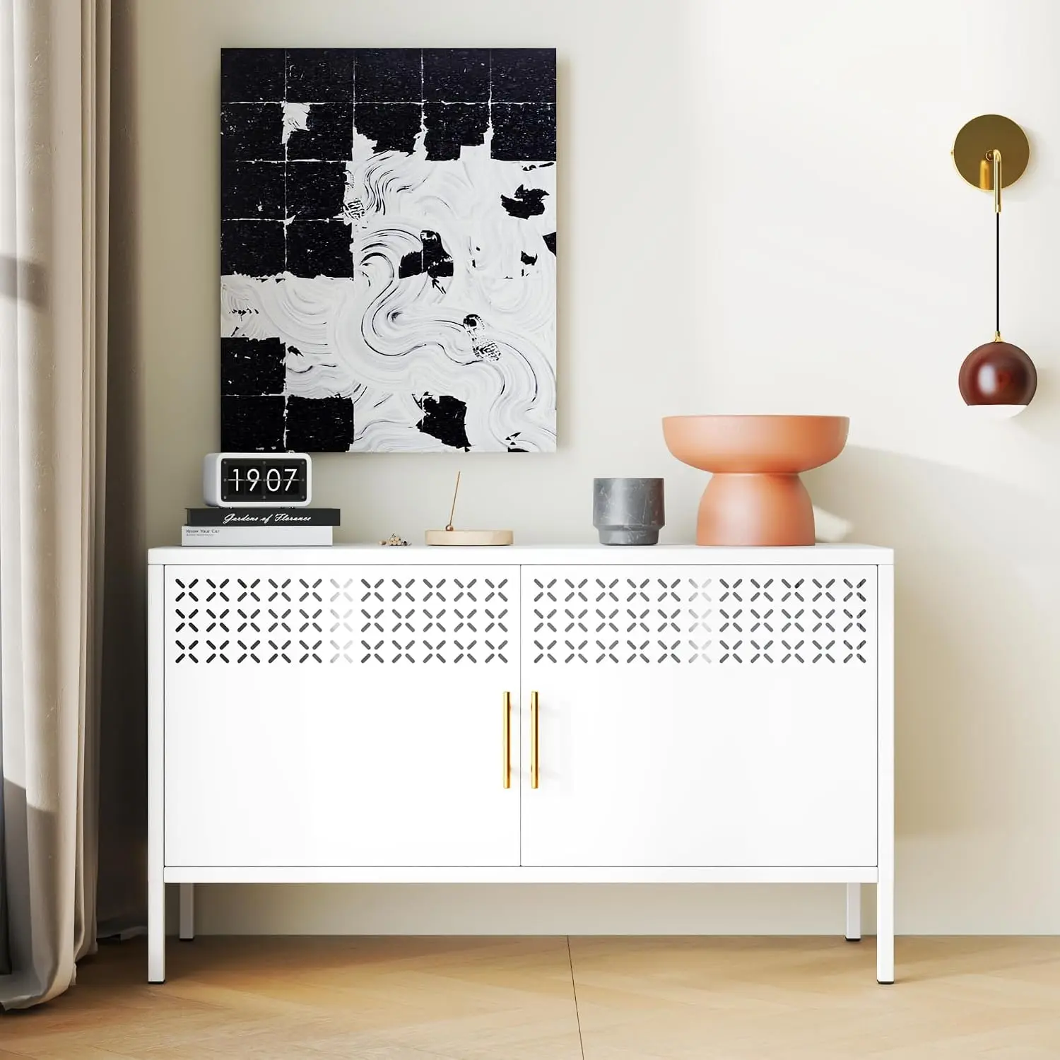 Metal Storage Cabinet, 2-Door Short Locker Cabinets with Adjustable Shelf,  Lock, Ventilated Doors, Steel Accent Sideboard Cabinet for Office , White