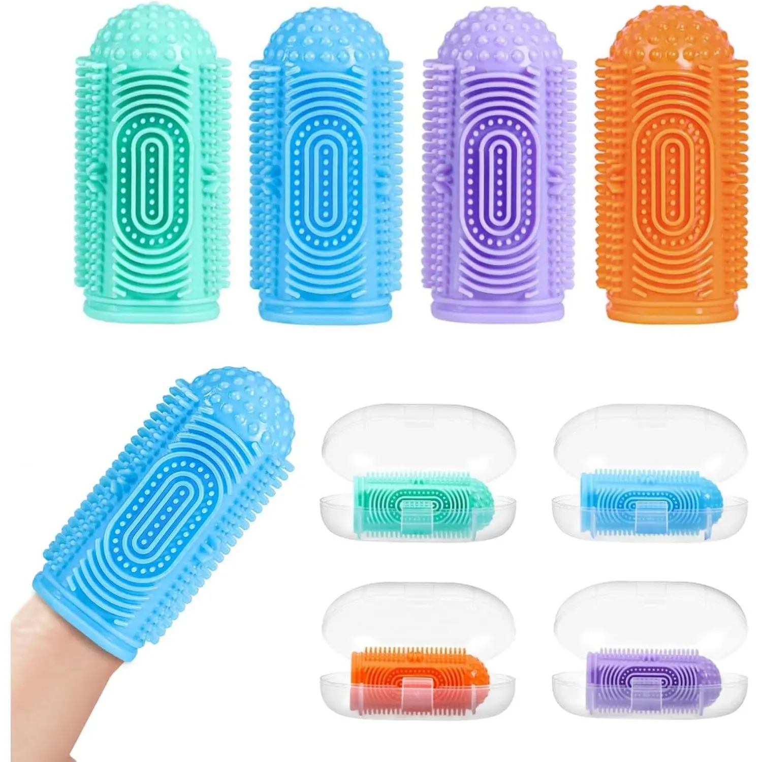 Finger Tooth Brushing Baby Toothbrush 4 Pcs with 4 Travel Storage Case,Food Grade Silicone Baby Finger Toothbrush,Soft Infant Toothbrushes  Toddlers 0-36,Oral Cleaner,Gum Brush