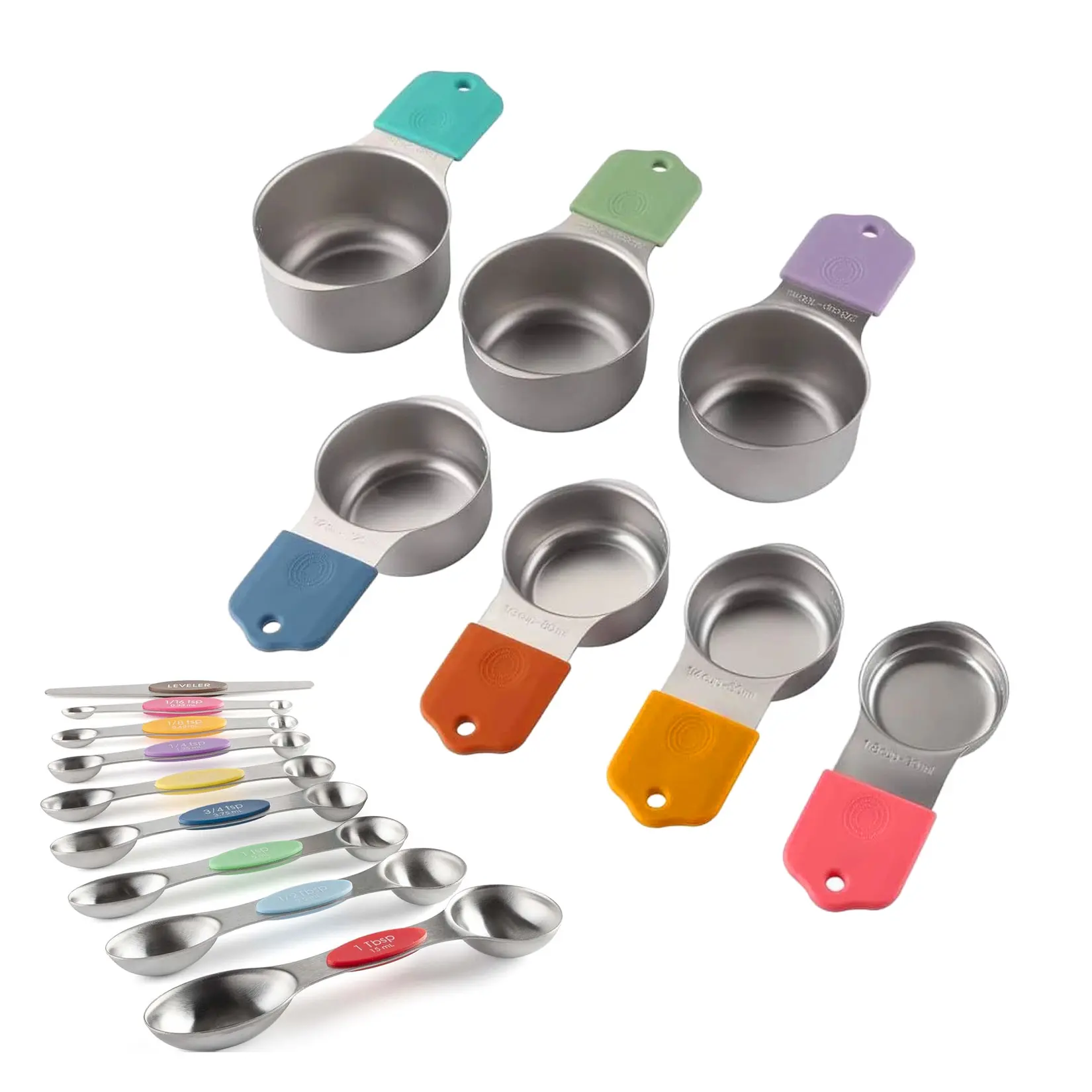 Magnetic Measuring Cups and Spoons Set 16 Piece, 304 Stainless Steel Measuring Cups Spoons with Leveler, Double Engraved Markings, Nesting Magnetic Design, Black Handle, for Baking Cooking Dry Liquid