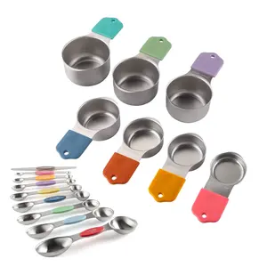 Magnetic Measuring Cups and Spoons Set 16 Piece, 304 Stainless Steel Measuring Cups Spoons with Leveler, Double Engraved Markings, Nesting Magnetic Design, Black Handle, for Baking Cooking Dry Liquid