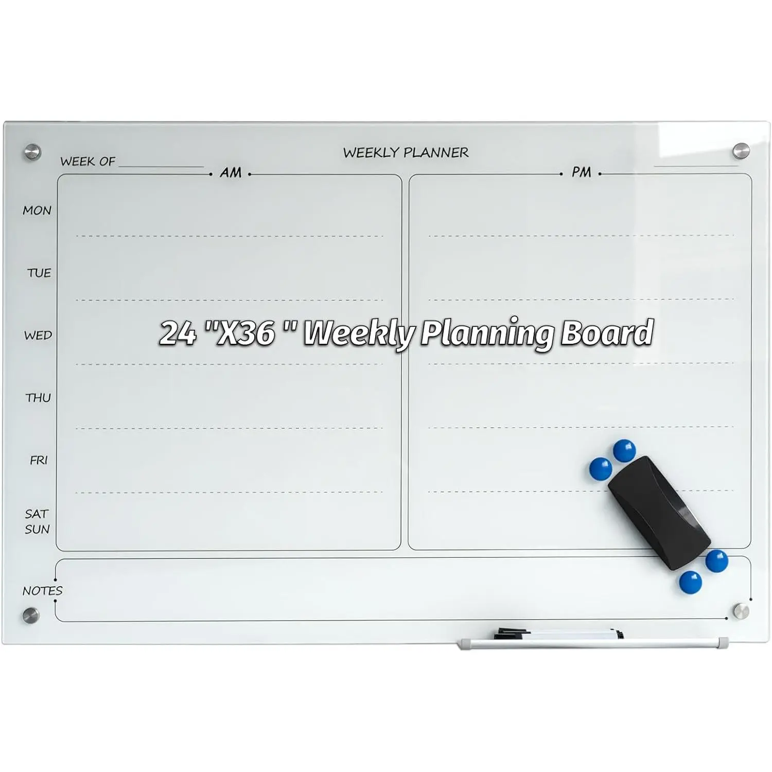Glass Whiteboard 24"X36" Weekly Calendar Writeboard  Planner WritingBoard Dry Erase Board Frameless White Board for Office School  Tray, 3 Marker,4  and 1 Eraser