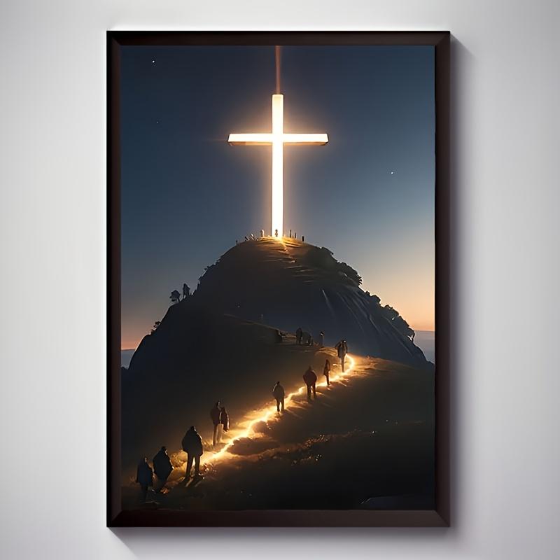 1pc Illuminated Cross on Mountain Canvas Print Poster, Religious Theme, Durable Artwork, Unique Creative Wall Decor, with Waterproof for Living Room, Bedroom, Office, Dining Room, Bar