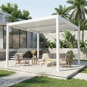 10' x 10' Outdoor Pergola with Adjustable Louvered Roof & Integrated Drainage, Heavy-Duty Metal Louvered Pergola for Patios, White