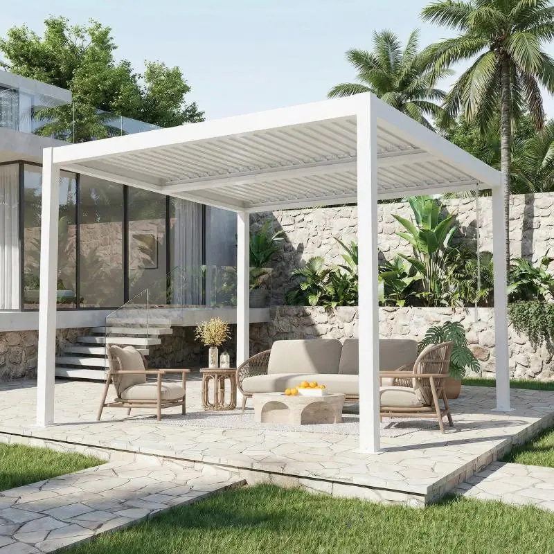10' x 10' Outdoor Pergola with Adjustable Louvered Roof & Integrated Drainage, Heavy-Duty Metal Louvered Pergola for Patios, White