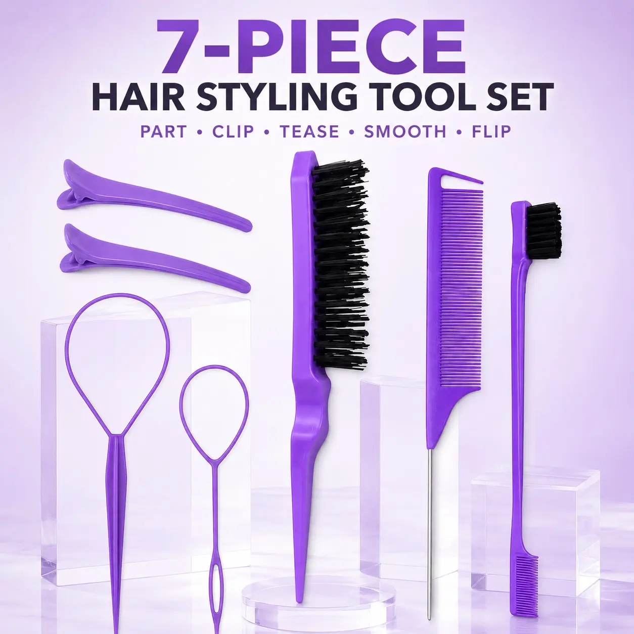 7-Piece Purple Hair Styling Tool Set Heatless Styling Tools with 2 Sectioning Clips, 2 Ponytail Loop Tools, Teasing Brush, Rat Tail Comb & Dual-Ended Edge Brush for Parting, Braiding, Smoothing, Volume and Ponytail Styling