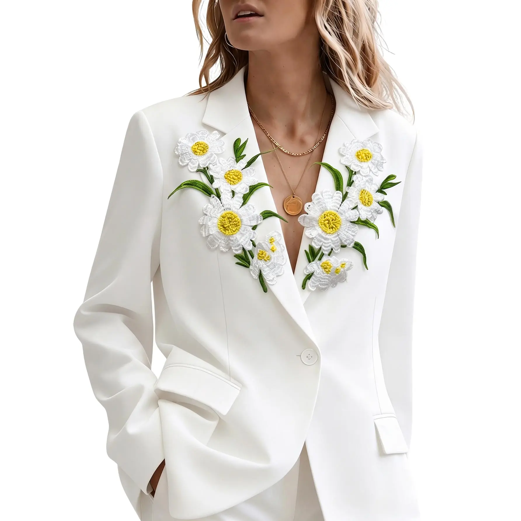 Women White Notched Lapel Single Button Blazer 3D Daisy Floral Embroidery Applique Long Sleeve Suit Jacket Elegant Luxury Wedding Guest Formal Office Dinner Party Streetwear Dressy Outerwear