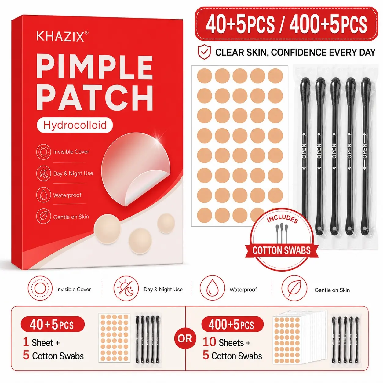 40/400 Hydrogel Acne Patches + 5 Cleansing Sticks, Invisible Transparent, Waterproof, Ultra-Thin, Daily Facial Care, Pe Material