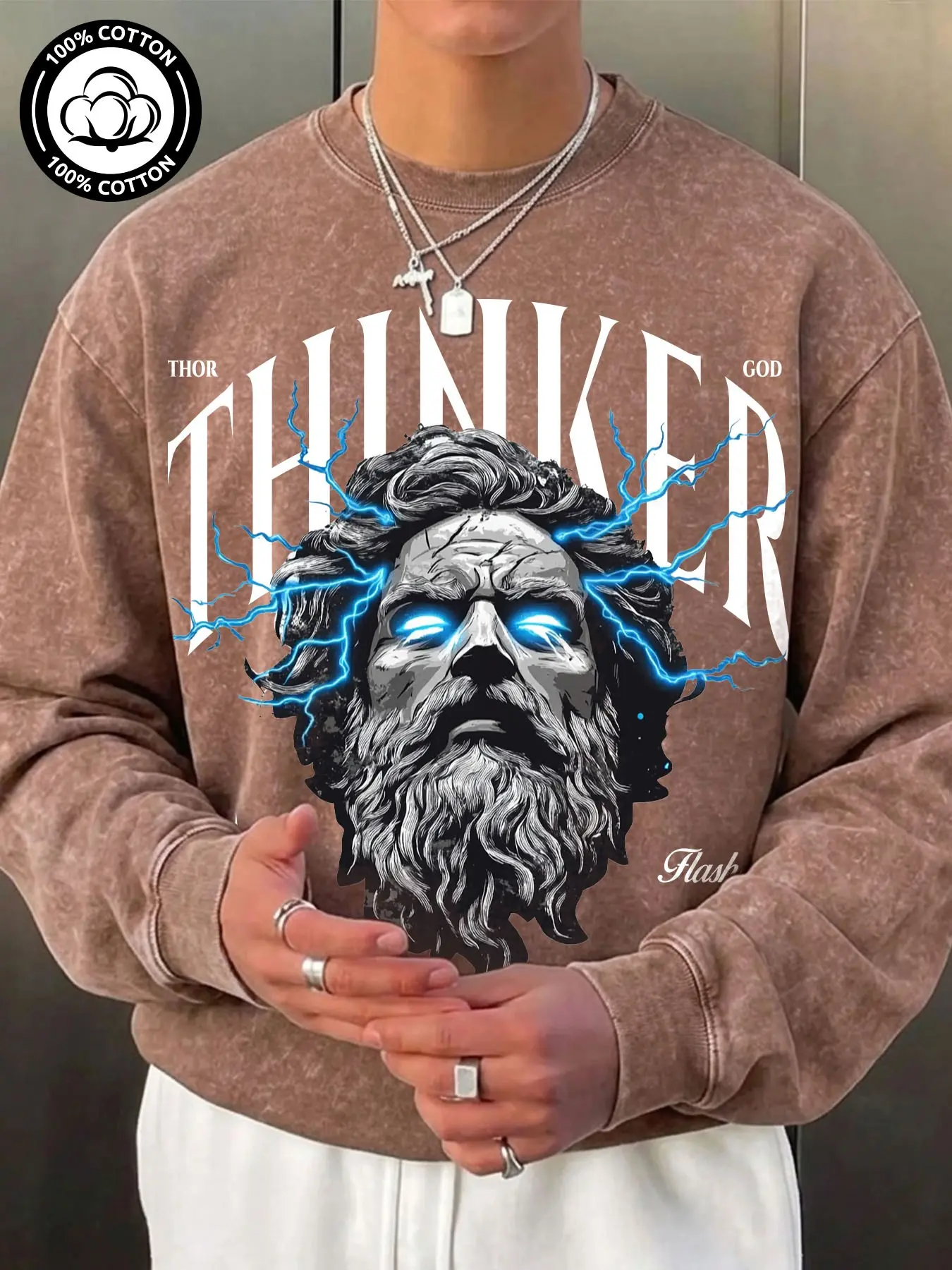 Vintage Round Neck Sweatshirt, Zeus Thor Blue Lightning Print, Loose Fit Unisex, Streetwear Long Sleeve, Youth Skateboarding, Greek Mythology Lovers