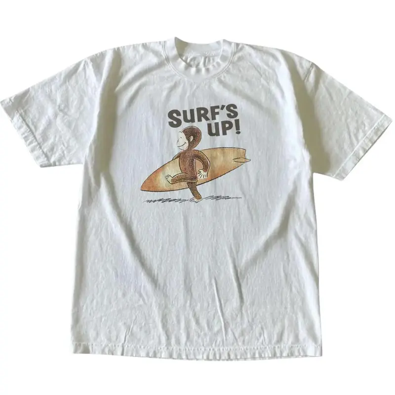 Unisex Curious George Surfs Up Graphic T-Shirt - Ring-Spun Cotton Round Neck Fitted Streetwear Clothing, Gothic Grunge Y2k Emo Male Clothing, Long-Lasting Print Summer Sports Top (Clothes Products)