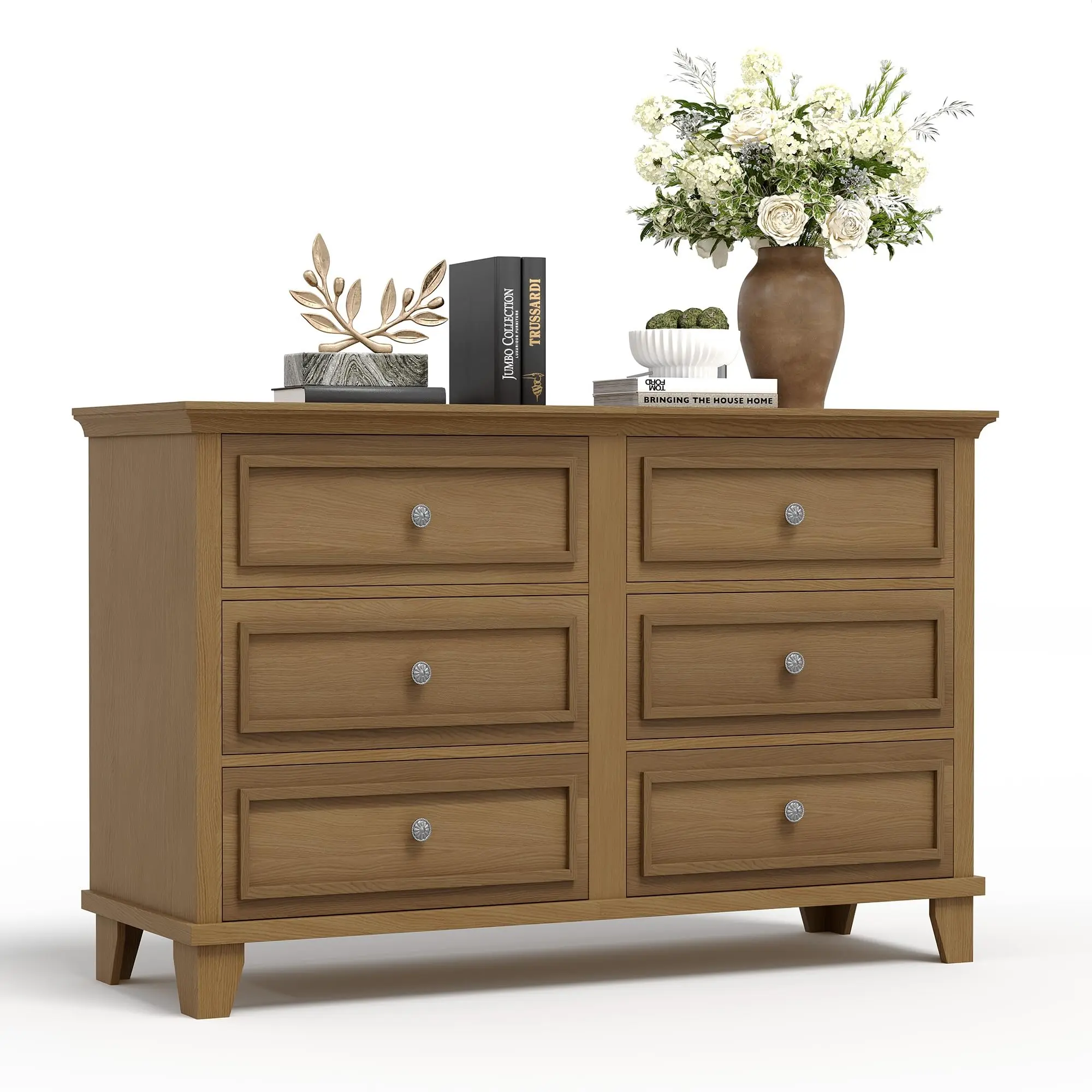6 Drawer Dresser for Bedroom, Modern Double Dresser with Framed Drawer Fronts, Wood Chest of Drawers with Metal Rails, Large Storage Organizer for Living Room, Hallway