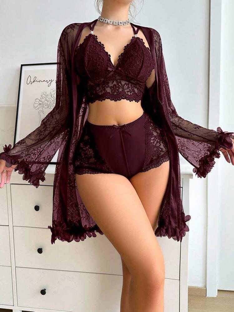Product Name: Women's 3-Piece Lace Chemise Nightwear Set Description: Experience elegance and comfort with this romantic sleepwear ensemble, perfect for relaxing evenings at home. The set offers a stylish and cozy option for your nightly routine. Key Feat